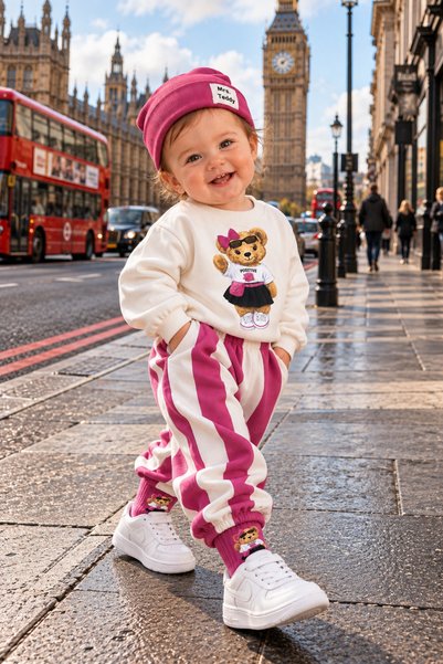 Asila Baby Mrs Teddy Printed Sweatshirt, Striped Pants, Printed Socks and Beanie Baby Girl and Child 4-Piece Set