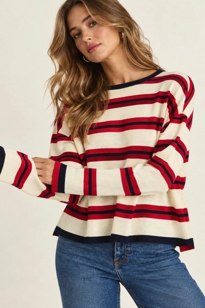 gozdefashion Women's Crew Neck Striped Knitwear Sweater