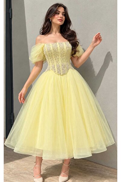 Barly Light Yellow Princess Evening Dress with Pearl and Sequin Decoration