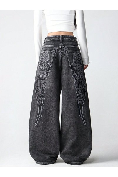Yukatay Siyah Melek Kanatlı Unisex Y2K Pembe Baggy Jean-YUKATAY