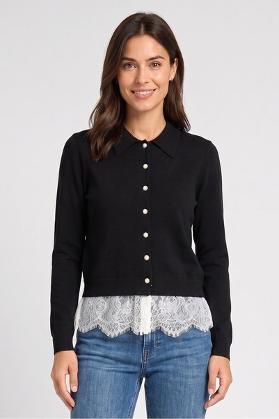 NANNETTE Women Spread Collar Long Sleeve Knitted Cardigan, Black