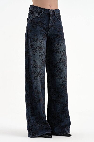 tw3 Blugi de damă cu aspect de catifea cu model floral Jacquard Palazzo Design