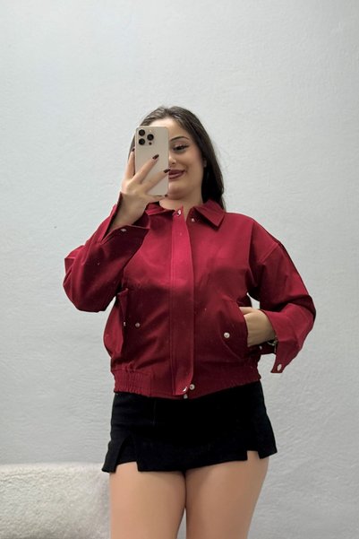 BELENDİR سترة نسائية من قماش الليكرا المنسوج باللون الأحمر الداكن