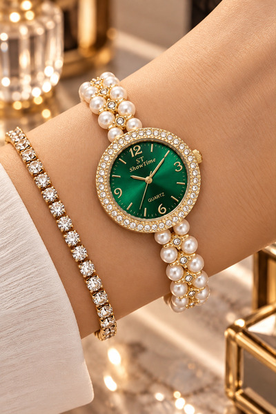 ShowTime ST Kadın Kol Saati Zümrüt Yeşili Kadranlı Gold Taşlı Kasa İnci Görünümlü Bileklik Kordonlu Analog Quartz Saat