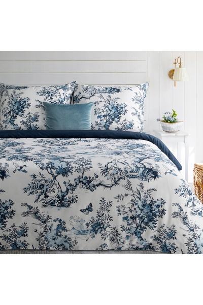 Eurofirany Lenjerie de pat din satin 220x200 cu flori bleumarin