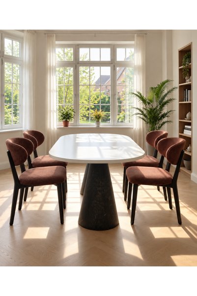 Fagus Wood Beyaz MDF Tablalı Masif Ahşap Çift Konik Ayaklı Yemek Masası