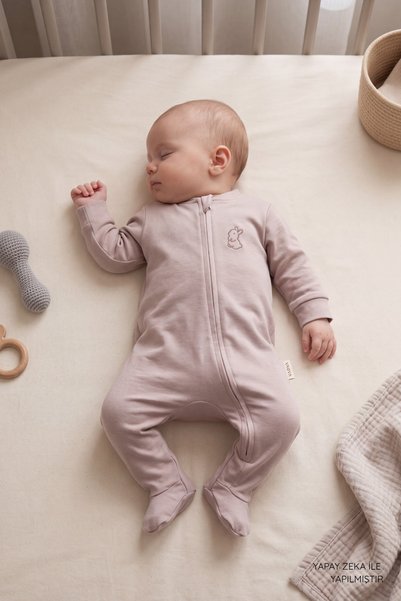 VAUVA %100 Pamuk Bebek Tulum - Fermuarlı Patikli Nakışlı Bebek Tulumu 0-9 Ay
