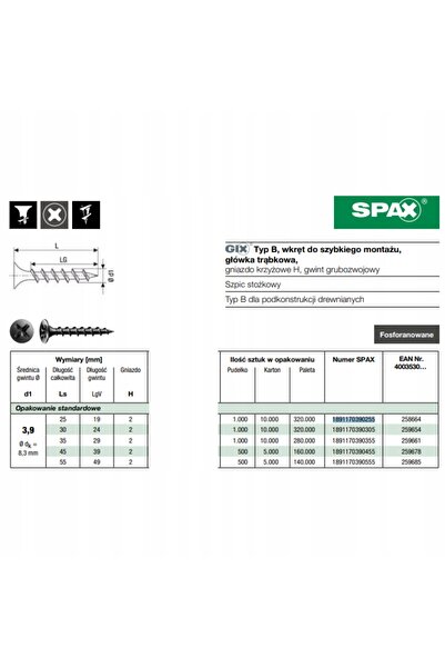 Spax Șuruburi pentru gips-carton, pentru lemn 3.9 x 30 mm 1000 buc.