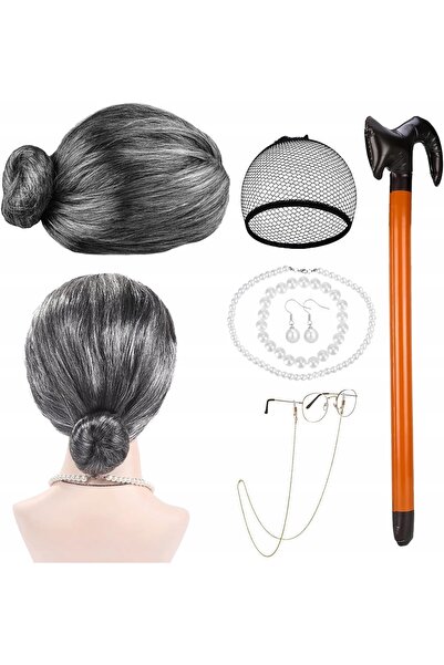 NO BRAND COSTUM DE BUNICĂ, PERUCĂ, BASTON – SETUL PERFECT PENTRU UN DEGHAZARE...