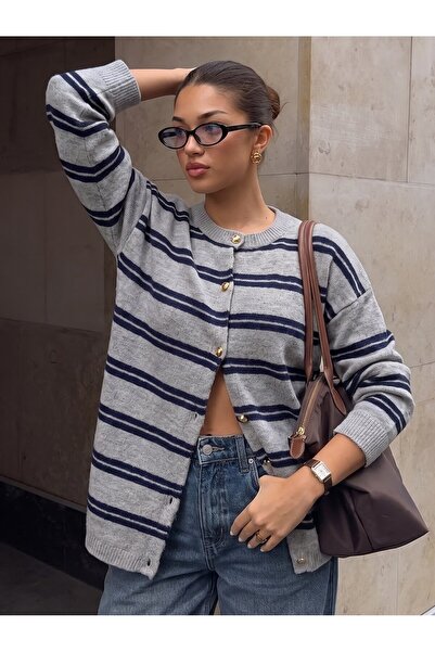 S.ÇLK Women's Striped Crew Neck Buttoned Loose Fit Long Sleeve Knitwear Cardigan