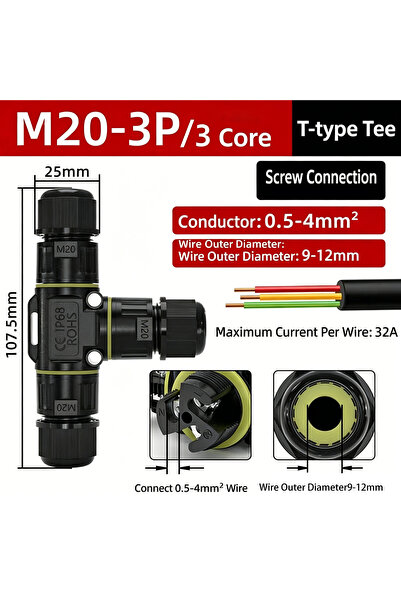 Choice KV-M20T-3P(9-12mm) IP68 Cable Waterproof Joint Waterproof Connector Th...