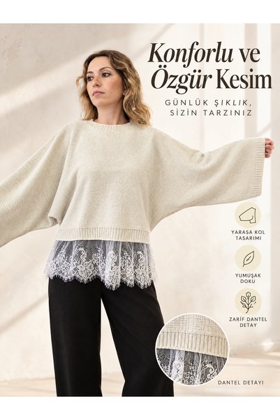 3B Stil Dantelli Yarasa Kol Kazak