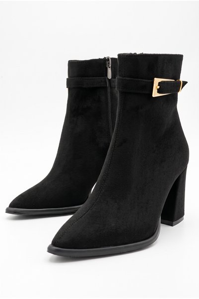 Shoesers Women's Special Design Buckle Detailed Zippered Pointed Toe Mid-Heeled Black Suede Boots
