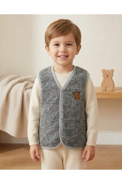 Deniva Kids Unisex Çocuk Gri Peluş Yelek Sıcak Tutan Ayı Figürlü Cepli Kürklü...