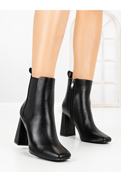 Vivirich Botine dama cu toc gros negre din piele ecologica si material textil...