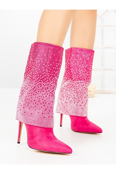 STEPHAN Botine dama cu toc subtire roz din material textil Enalrae