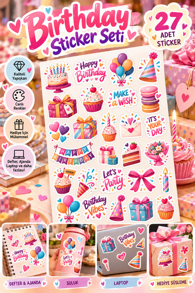 Doğum Günü Etiketi, Çıkartma, Günlük, Ajanda, Planlayıcı, Bullet, Journal, Scrapbook |Sticker – A4 Premium