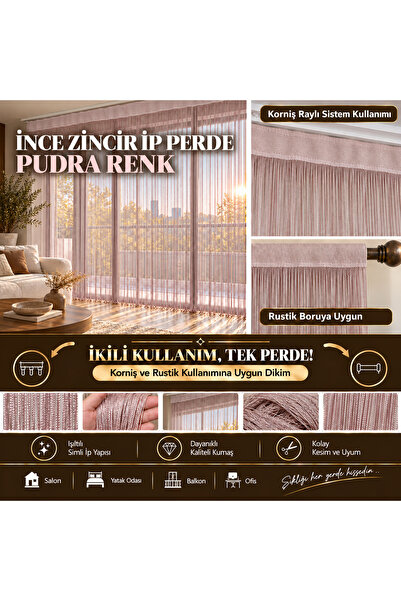 AKÇA TEKSTİL Ip Curtain Special Series Thin Chain Puder Color 100 cm Width 30...