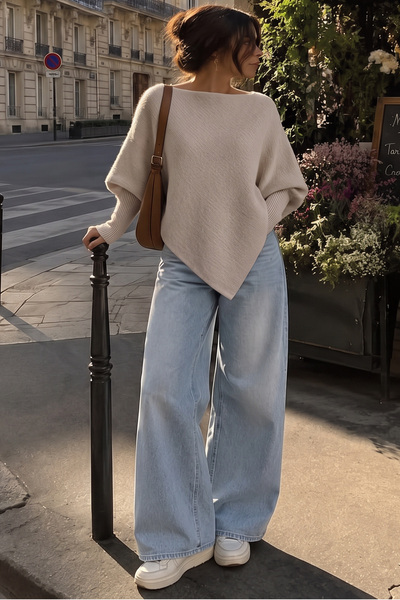 SUBU TASARIM Ruffled Asymmetrical Cut Boat Neck Women's Sweater Stone Color Fhmmzr003