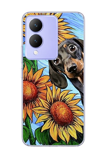 lelia Vivo Y17S Compatible Sausage Dog Sunflower Printed Transparent Phone Case