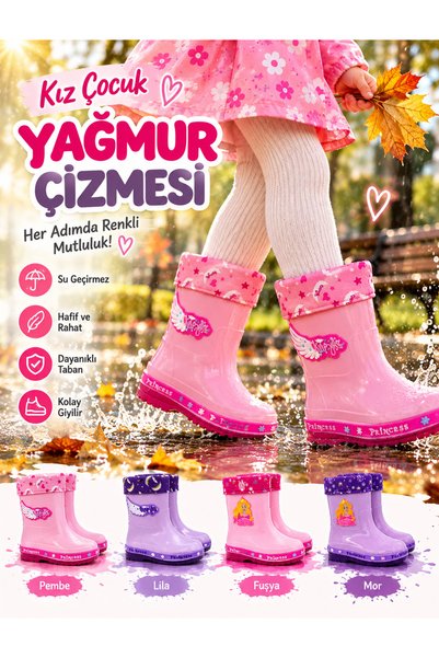 minibonito Kız Çocuk Prenses Desenli İçi Astarlı Kaymaz Tabanlı Kışlık Yağmur Çizmesi
