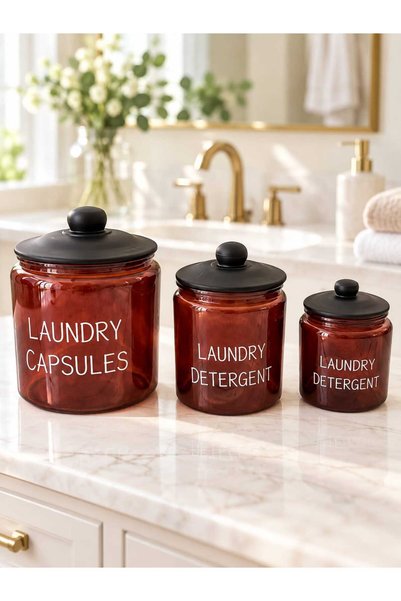 morponi 3-Piece Amberclean Glass Detergent and Bathroom Organizer Jar Set with Black Lids 900-1800-3800 ml