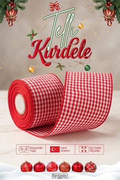 FANTASTIC KURDELE Yılbaşı Kırmızı Ekose Telli Dokuma Kurdele 5 Metre – Kırmızı Overlok Kenarlı Çelik Telli Hacimli Fiyonk ve Ağaç Süsleme Şeridi