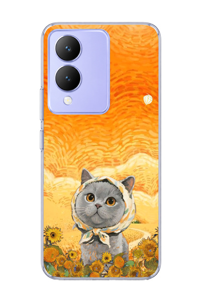 lelia Vivo Y17S Compatible Gray Cat Sunflower Printed Transparent Phone Case ...