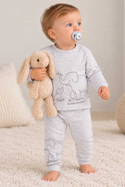 Divonette Baby Boy Cute Embossed Elephant Patterned Gray Melange Pajama Set