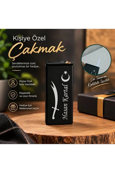Myvision Kişiye Özel Zülfikar ve Ay Yıldız Motifli Siyah Pürmüzlü Çakmak