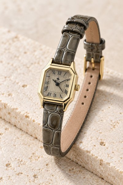 GANYMET Snooc Women's Wristwatch Gold Cornered Case Gray Crocodile Patterned ...