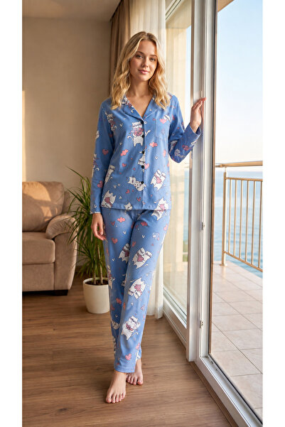 Alperi Women's Viscose Pajama Set Seasonal Long Sleeve Buttoned Patterned Paj...