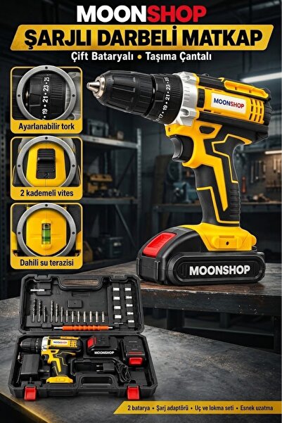 MOONSHOP 21V ÇİFT AKÜ ŞARJLI DARBELİ MATKAP KÖMÜRSÜZ SU TERAZİLİ VİDALAMA DAR...