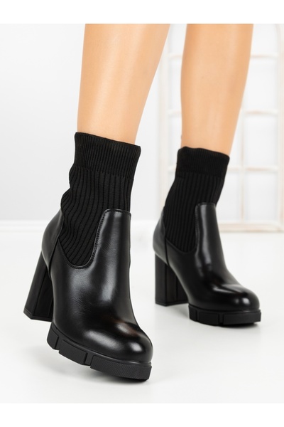 Vivirich Botine dama cu toc gros negre din piele ecologica si material textil...