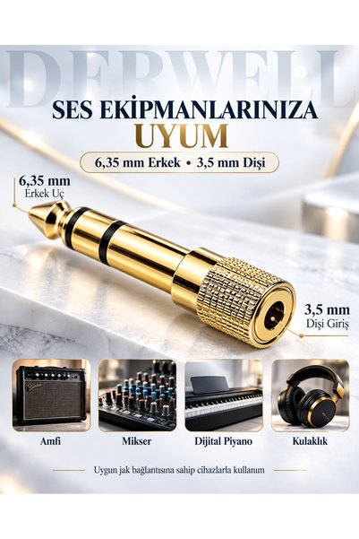 Derwell 2'li Stereo Jak Adaptör Seti - 6.35 mm Erkek to 3.5 mm Dişi Altın Kaplama Metal Gövde & Kompakt Tasarım Çevirici Dönüştürücü Kulaklık Amfi Ses Sistemi Altın/Siyah İki Farklı Model Tek Paket