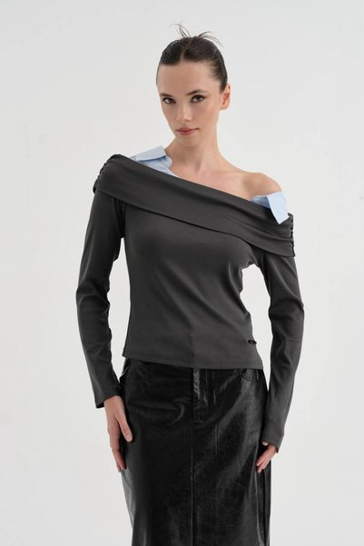 tw3 Women's off-the-shoulder shirt with collar detail and long sleeves