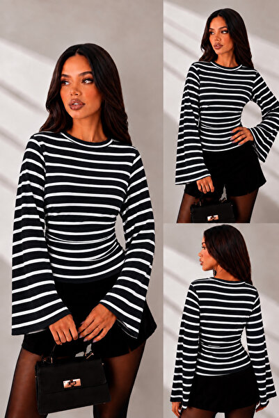 peri tower Women's Striped Gathered Detail Wide Sleeve Women's Blouse 212