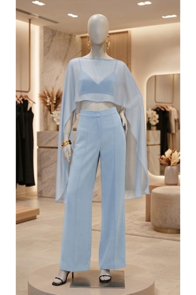 MERİT FASHION Sıfır Yaka Pelerin Uzun Kollu Şifon Pelerin