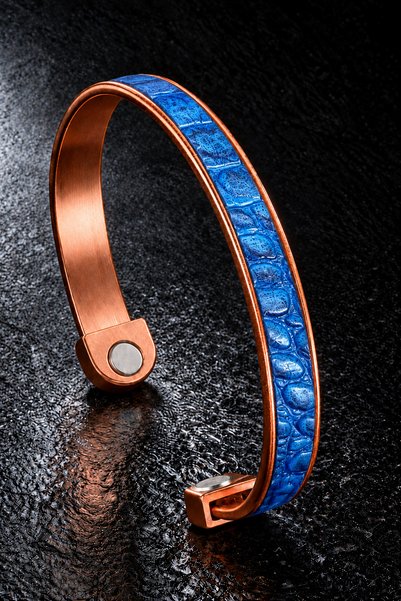 İyyaKee Men's Blue Snakeskin Detailed Patterned Magnetic Adjustable Copper Br...