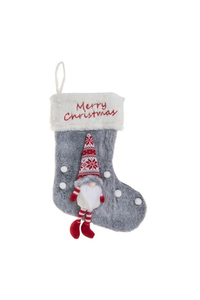 OEM Cizmulita Decorativa de Crăciun Gri cu Figurina Gnome și Pompon 46 cm