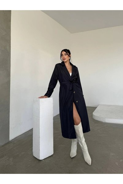 bysocafashion Women's Navy Blue Long Belted Slit Buttoned Trench Coat