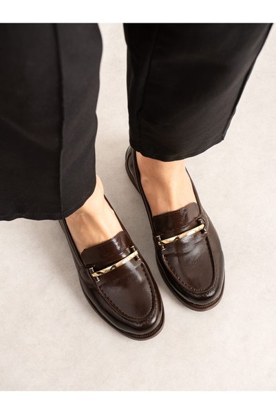 ALEMDAR AYAKKABI Hadi̇d Brown Patent Leather Buckle Detailed Women's Loafer