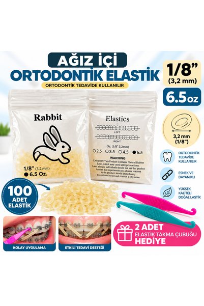 Rabbit Ağız İçi Ortodontik Elastik 1/8” – 6.5 oz (100 Adet)|2 Adet Elastik Takma Çubuğu Hediye