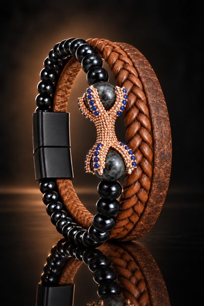 İyyaKee Men's Black Knitted Leather Bracelet with Black Beads and Brown Stone...