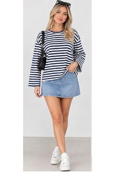 ACELYA Kadın Çizgili Trend Geniş Dökümlü Uzun Kol Oversize T-shirt Dört mevsi...