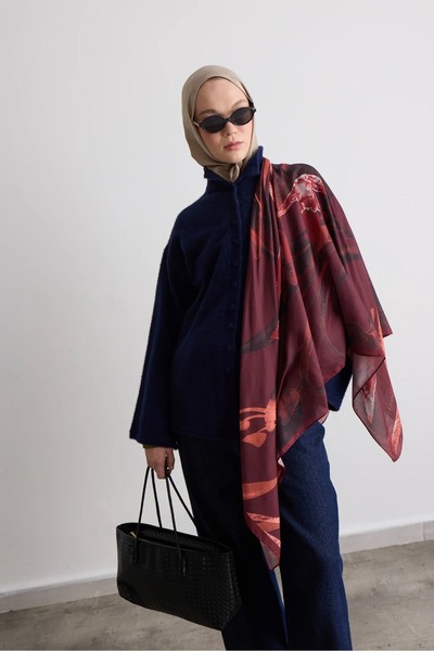 Modakaşmir 140X140 Florence Patterned Cotton Shawl Scarf Burgundy