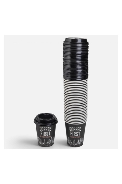 OEM Set 30 Pahare din Carton Black City, 270 ml, cu Capac Negru – Pentru Cafe...