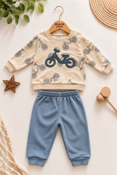 dinamik çocuk Boy's embroidered sweatshirt and sweatpants 2-piece set with bi...