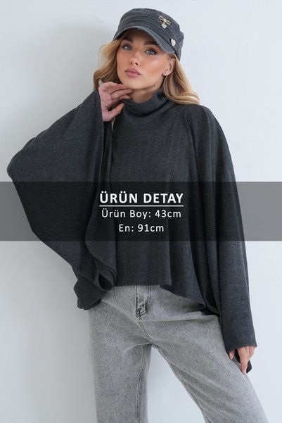 Trend Alaçatı Stili Kadın ANTRASİT Düşük Dik Yaka Örme Pelerin Bluz ALC-X15978