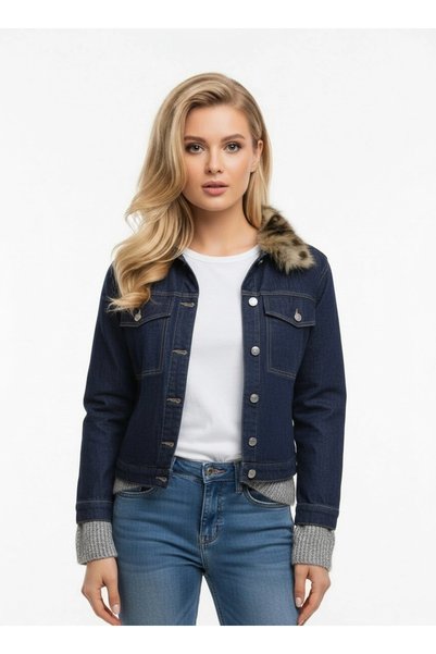 bysocafashion Premium Denim Jacket with Fur Collar Detail – Modern Cut Stylis...